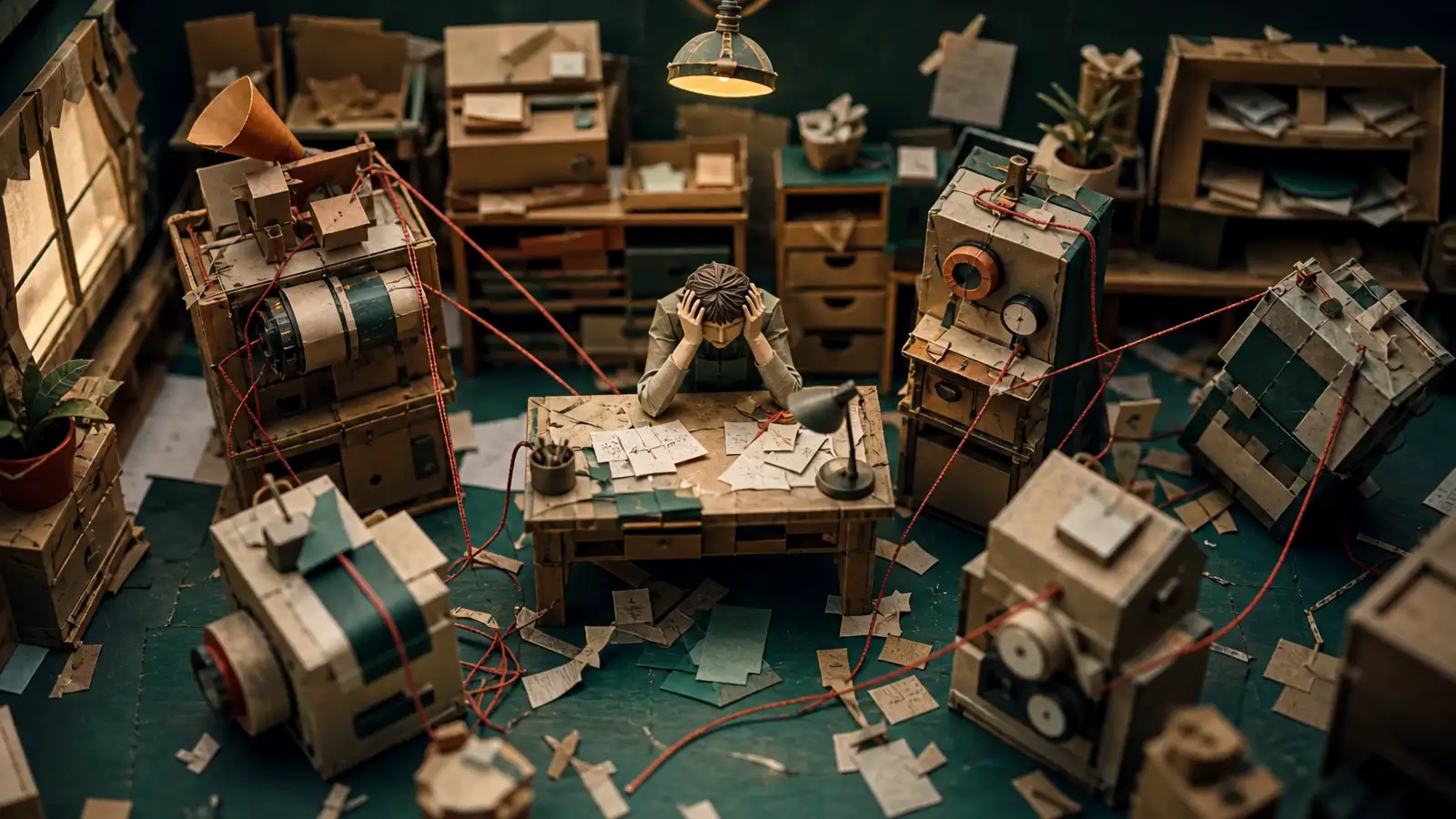 A tiny paper-craft shop owner at a cluttered workbench surrounded by five taped-together cardboard contraptions