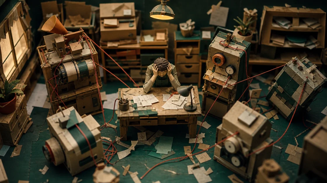 A tiny paper-craft shop owner holding their head at a cluttered workbench, surrounded by five mismatched cardboard contraptions taped together with red string