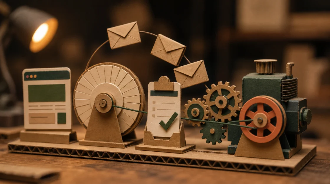Behind the paper website: a card calendar wheel, kraft envelopes mid-flutter, a form with a hand-cut green tick and small card gears, all driven by one ribbon belt from the motor