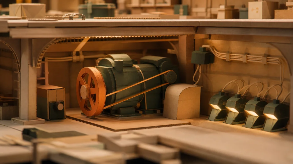 Cutaway below the workbench: the motor turning quietly among tidy string cables, a folded paper shield and a neat row of softly glowing green paper lamps