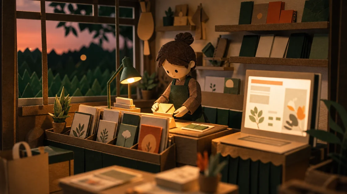 The shop owner contentedly arranging paper goods at their counter in the evening while the little paper website glows and runs by itself