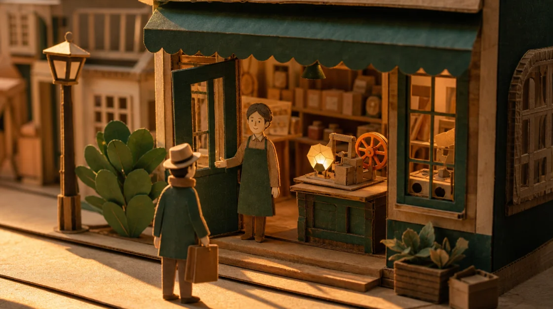A miniature paper shopfront in golden morning light, the owner calm in the open doorway welcoming a customer, the glowing paper website on the counter inside